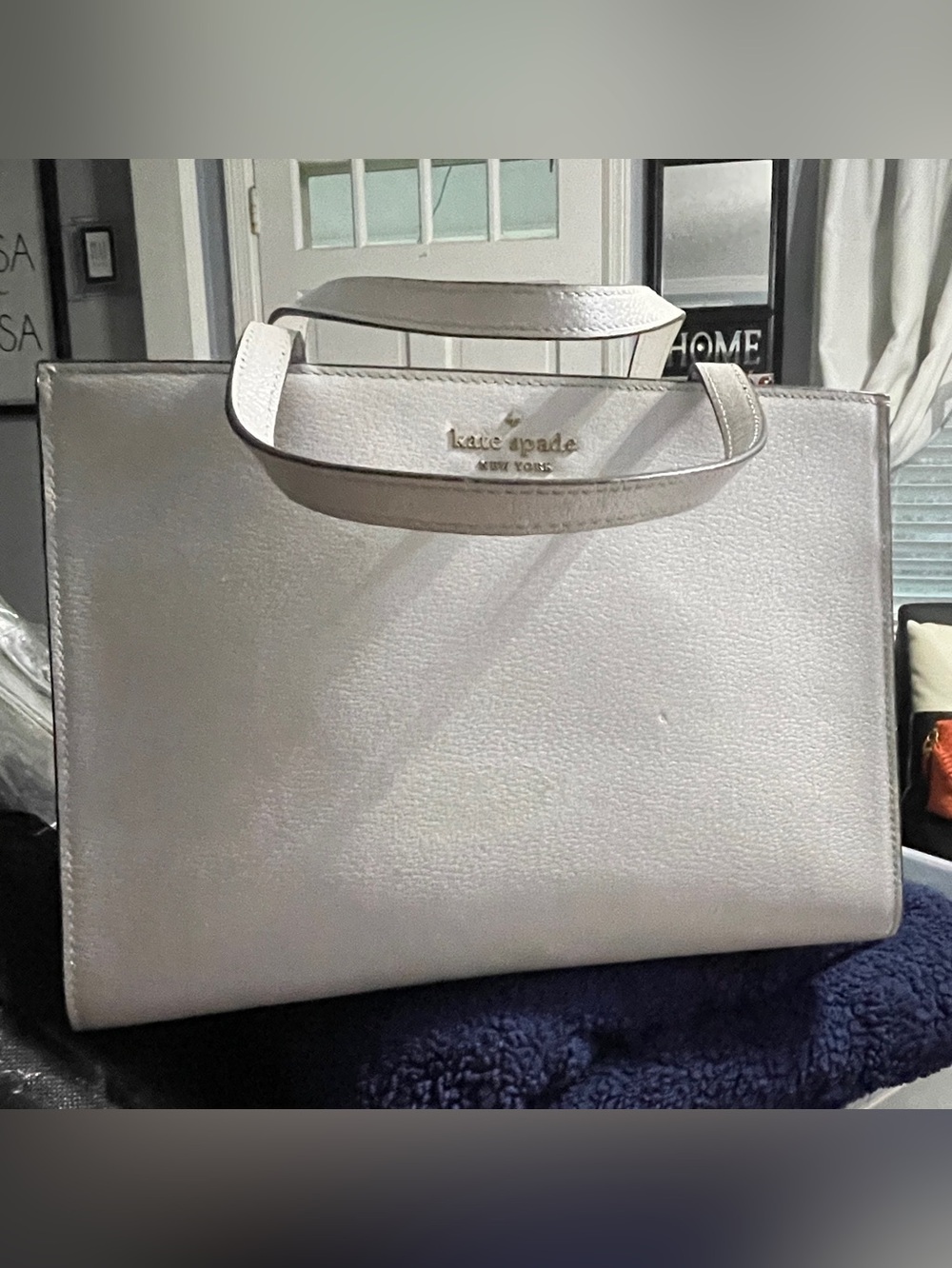 kate spade White Leather Tote with Gold Logo